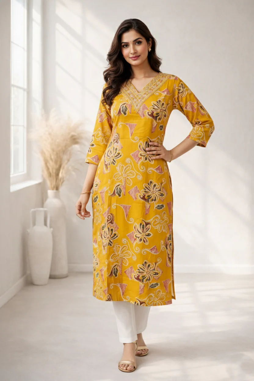 Barnali Mustard Printed Work Kurti - Image 4