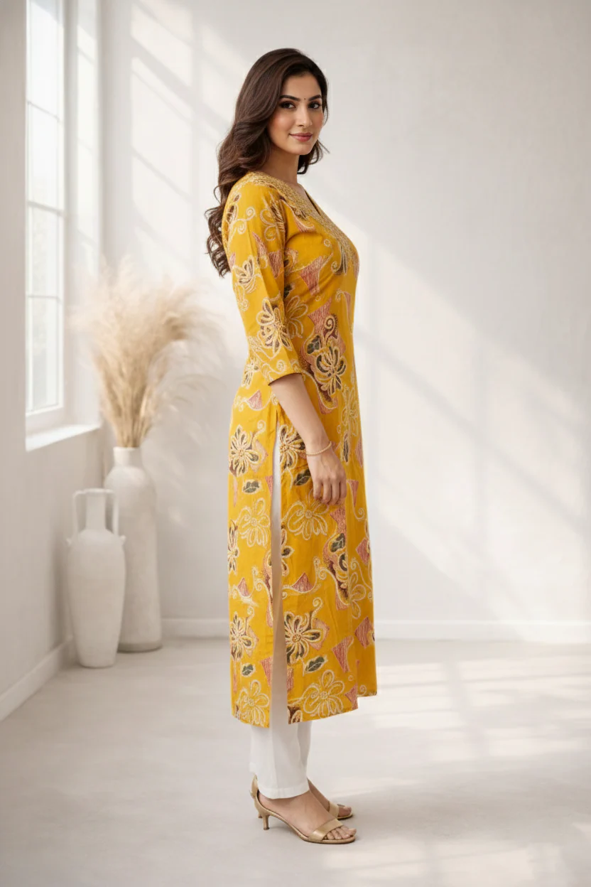 Barnali Mustard Printed Work Kurti - Image 5