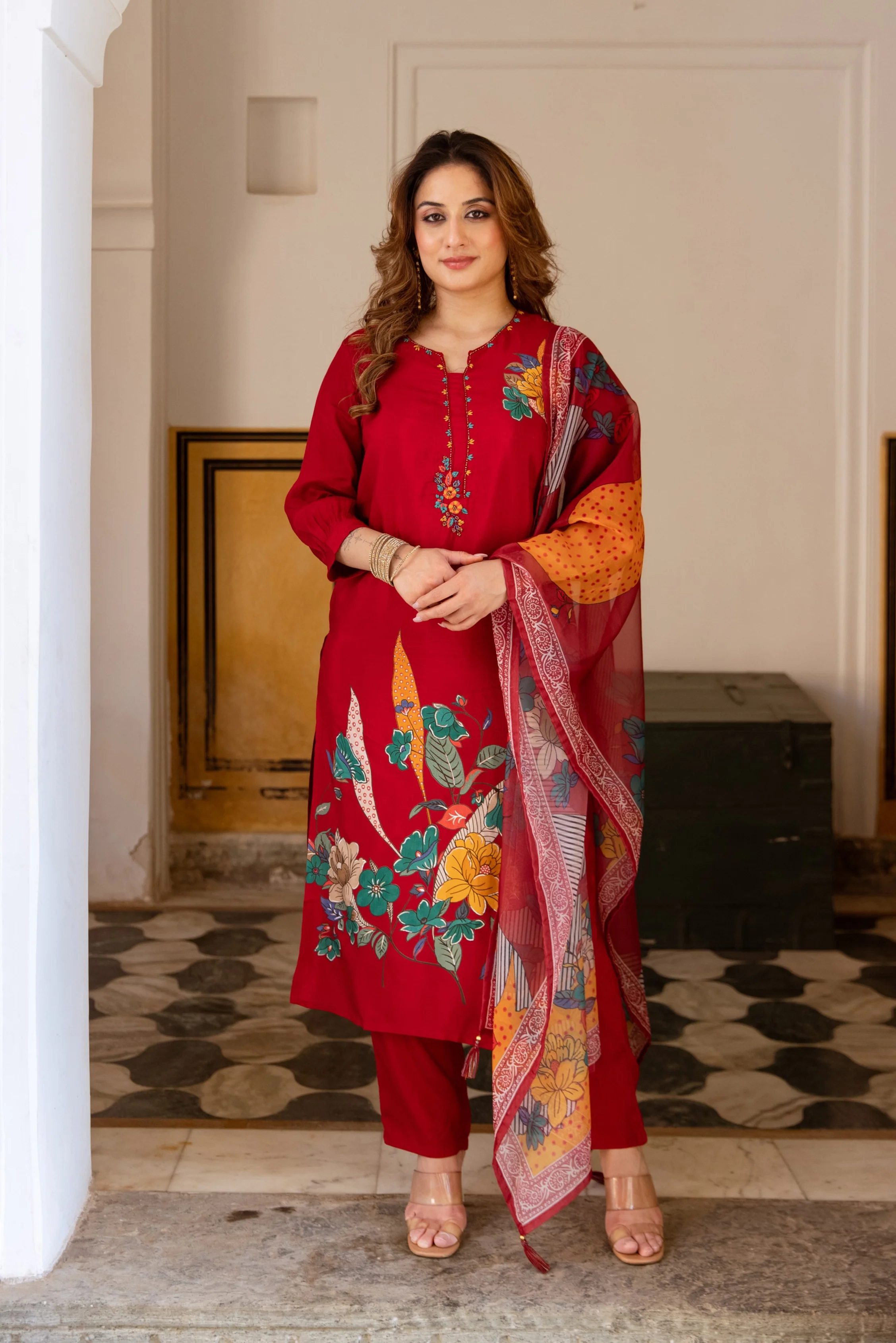 Saisha Vermillion Premium Digital Print Muslin Suit Set - Image 5