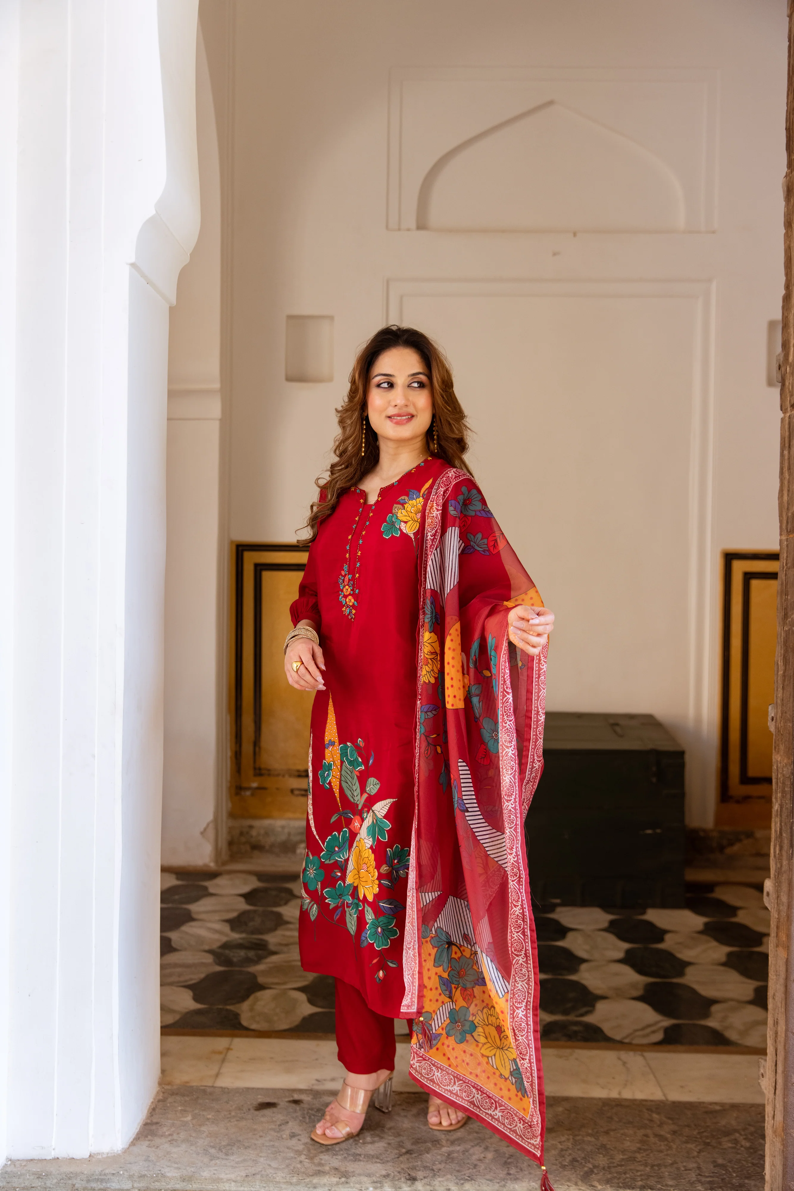 Saisha Vermillion Premium Digital Print Muslin Suit Set - Image 7