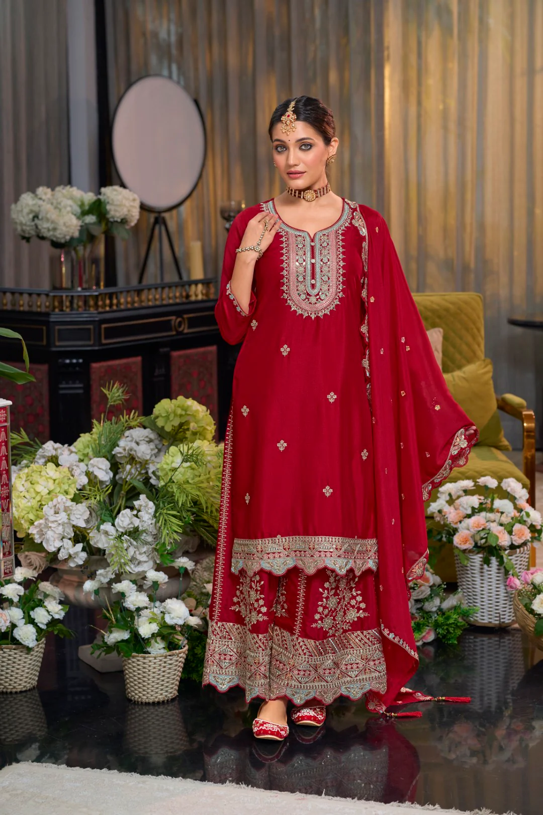 Shorba Crimson Full Work Gharara set - Image 3