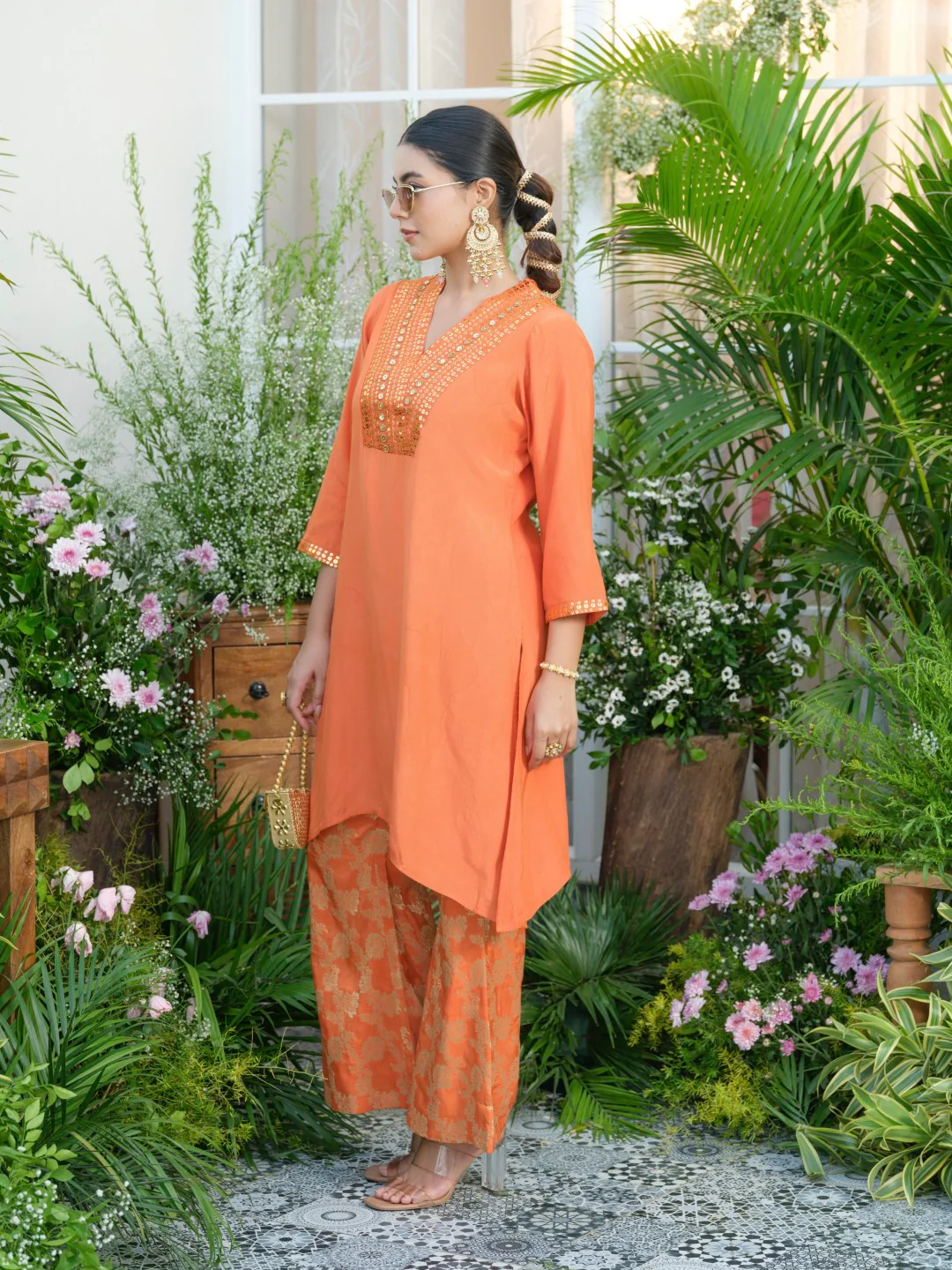 Meera Apricot Premium Fusion Set with Jacquard Pants - Image 10
