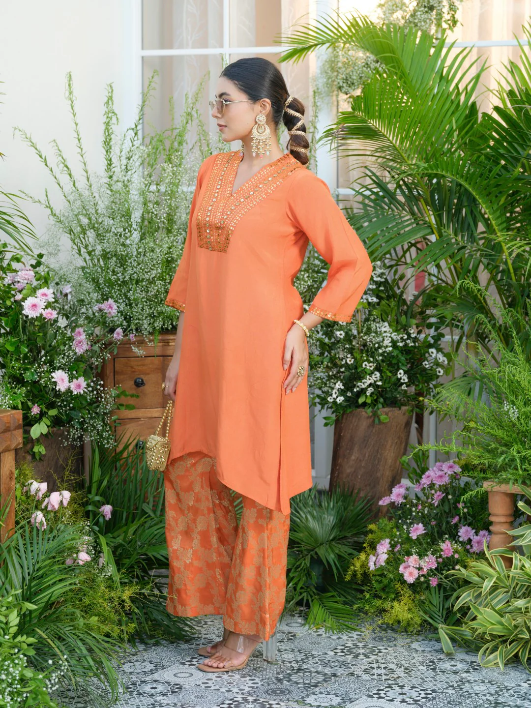 Meera Apricot Premium Fusion Set with Jacquard Pants - Image 11