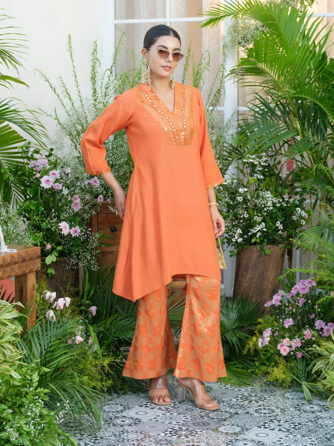 Meera Apricot Premium Fusion Set with Jacquard Pants - Image 12