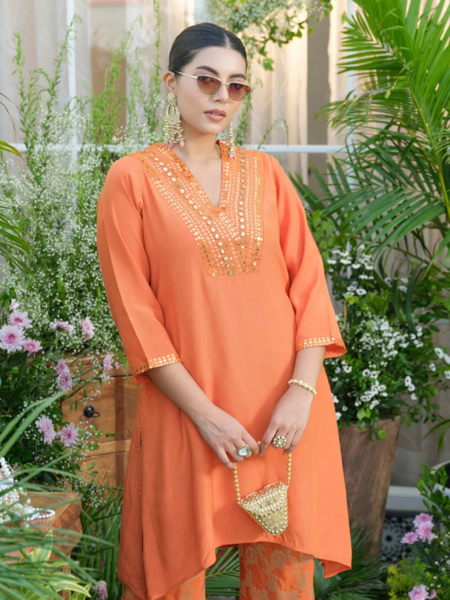 Meera Apricot Premium Fusion Set with Jacquard Pants - Image 2