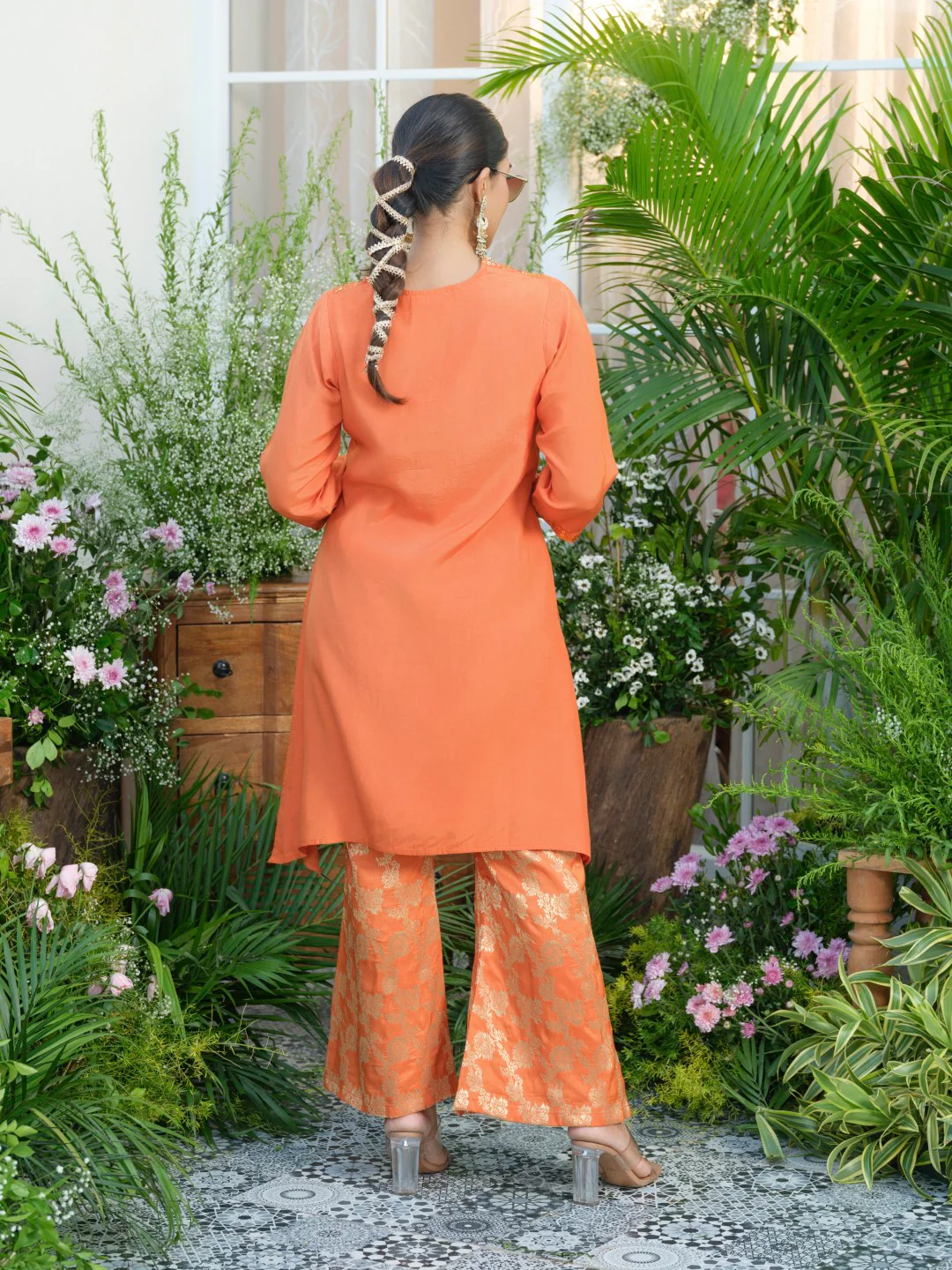 Meera Apricot Premium Fusion Set with Jacquard Pants - Image 3