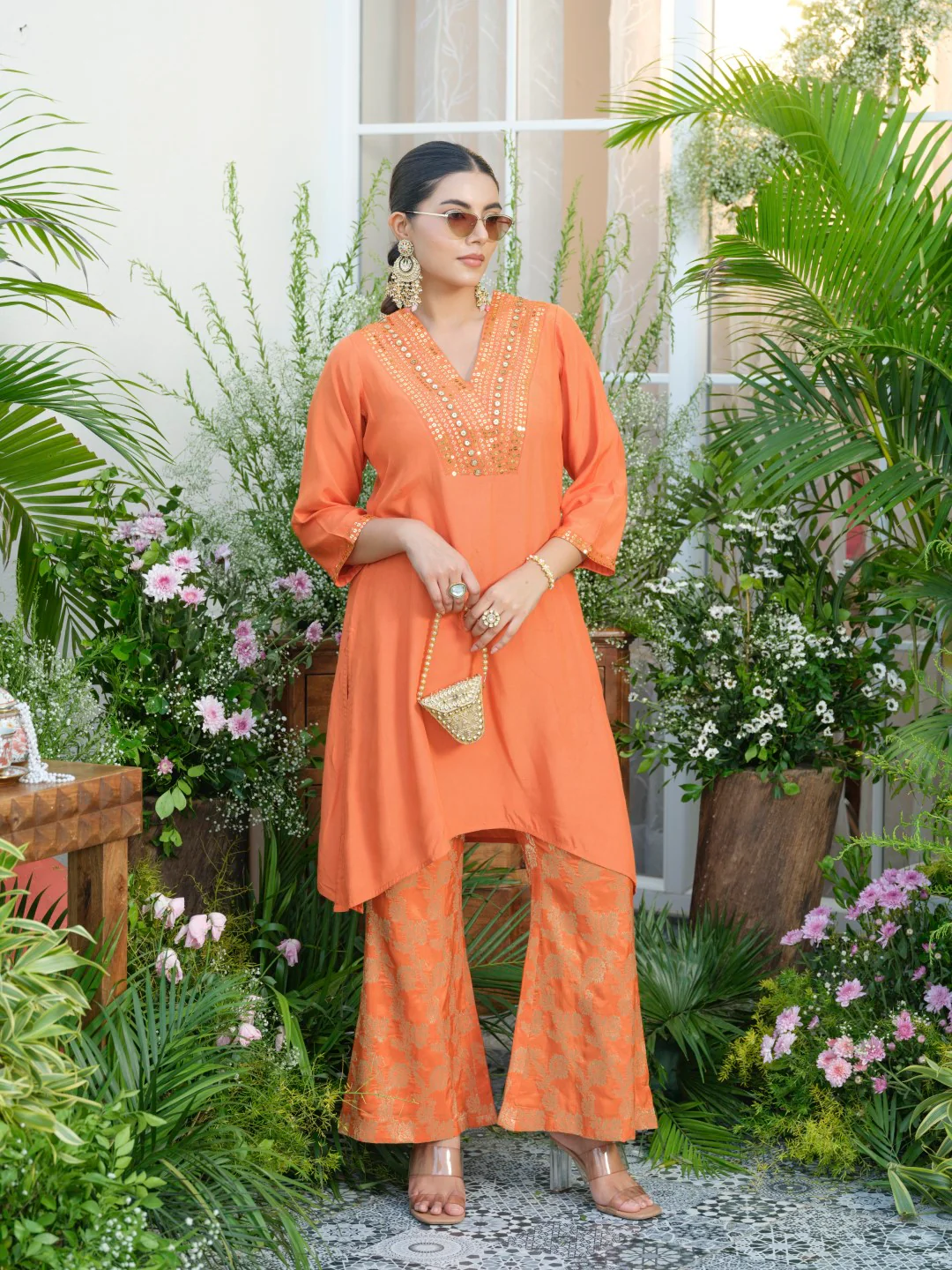 Meera Apricot Premium Fusion Set with Jacquard Pants - Image 4