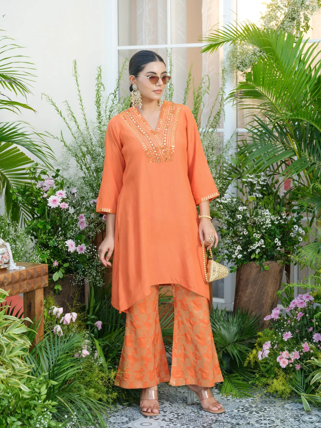 Meera Apricot Premium Fusion Set with Jacquard Pants - Image 5