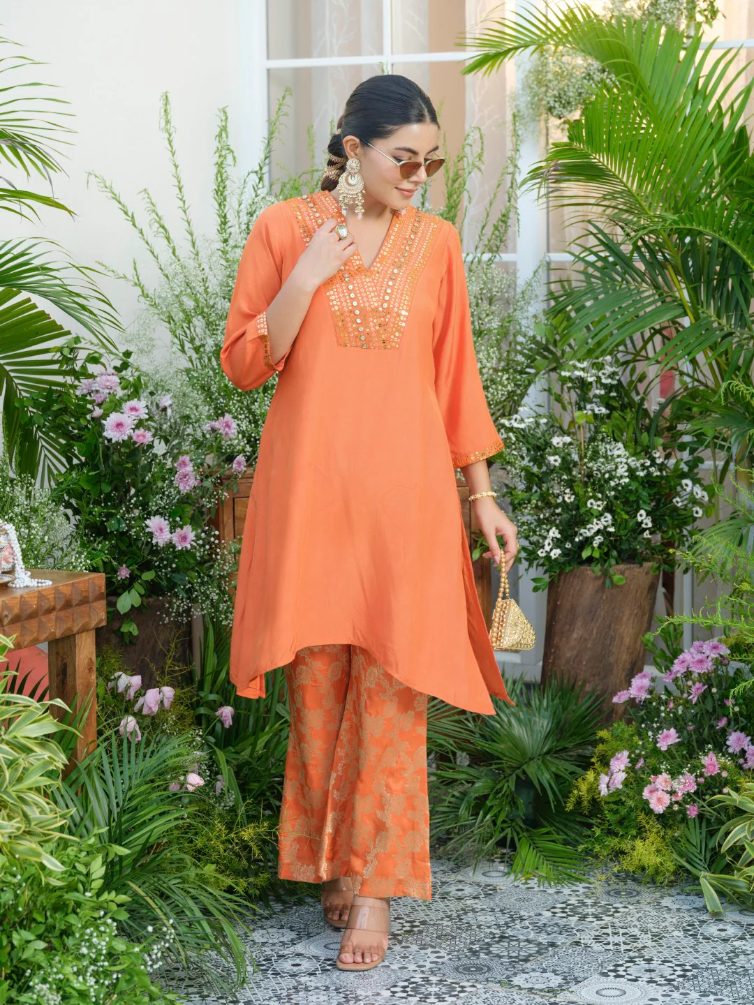 Meera Apricot Premium Fusion Set with Jacquard Pants - Image 6