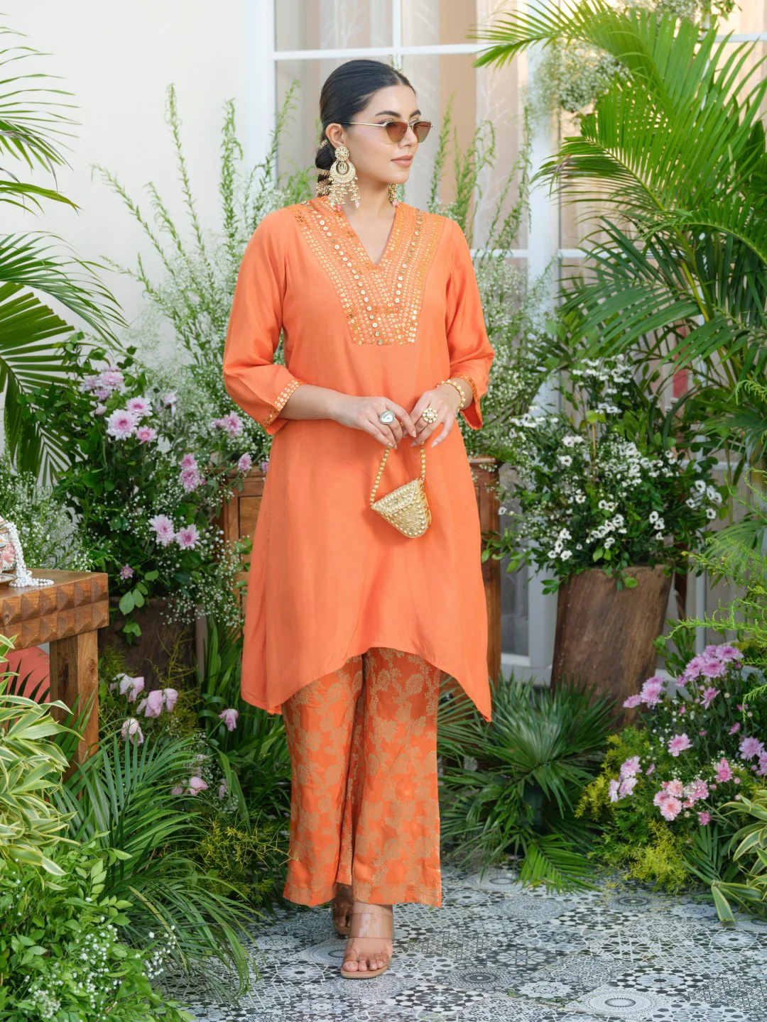 Meera Apricot Premium Fusion Set with Jacquard Pants - Image 7