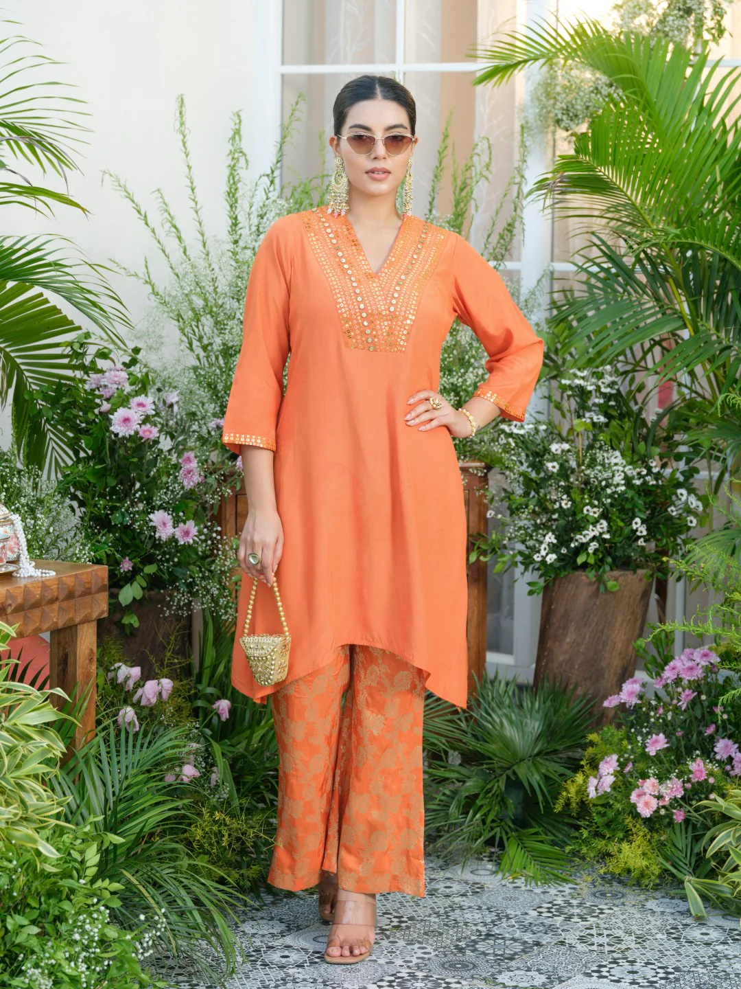 Meera Apricot Premium Fusion Set with Jacquard Pants - Image 8