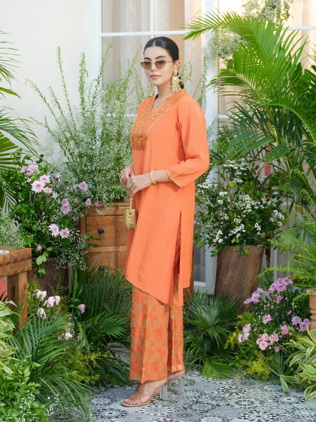 Meera Apricot Premium Fusion Set with Jacquard Pants - Image 9