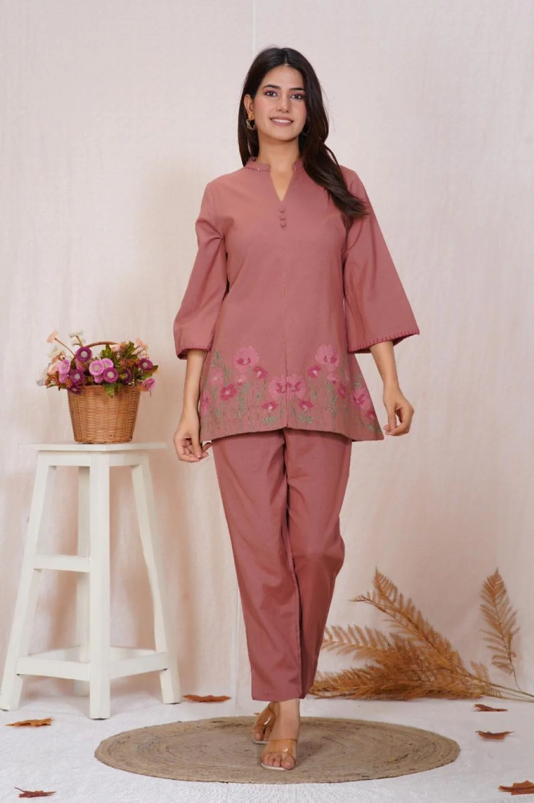 Mokabara puce embroidery cotton co-ord set - Image 4