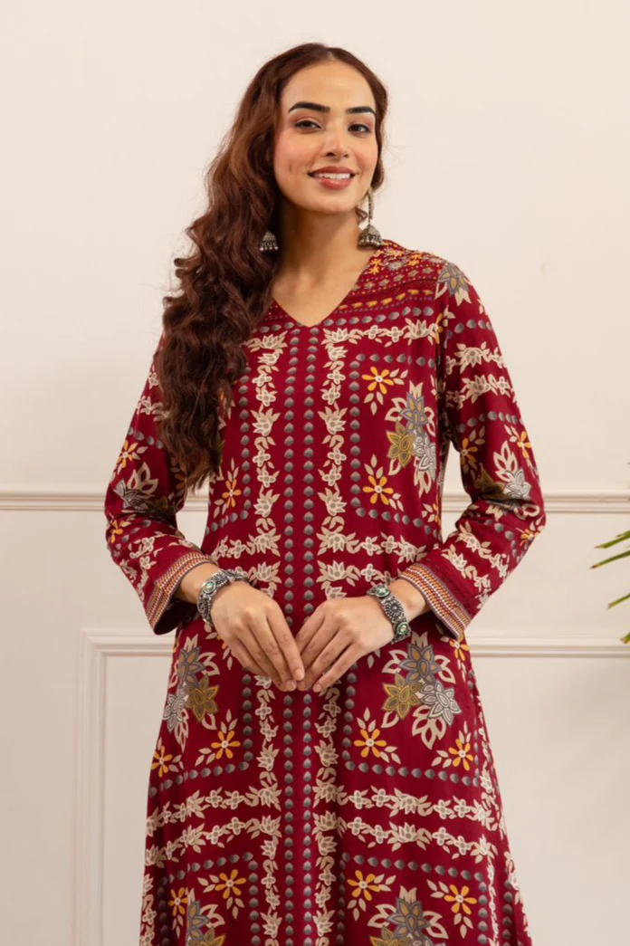 Kabool Firebrick printed kurta pant set - Image 2