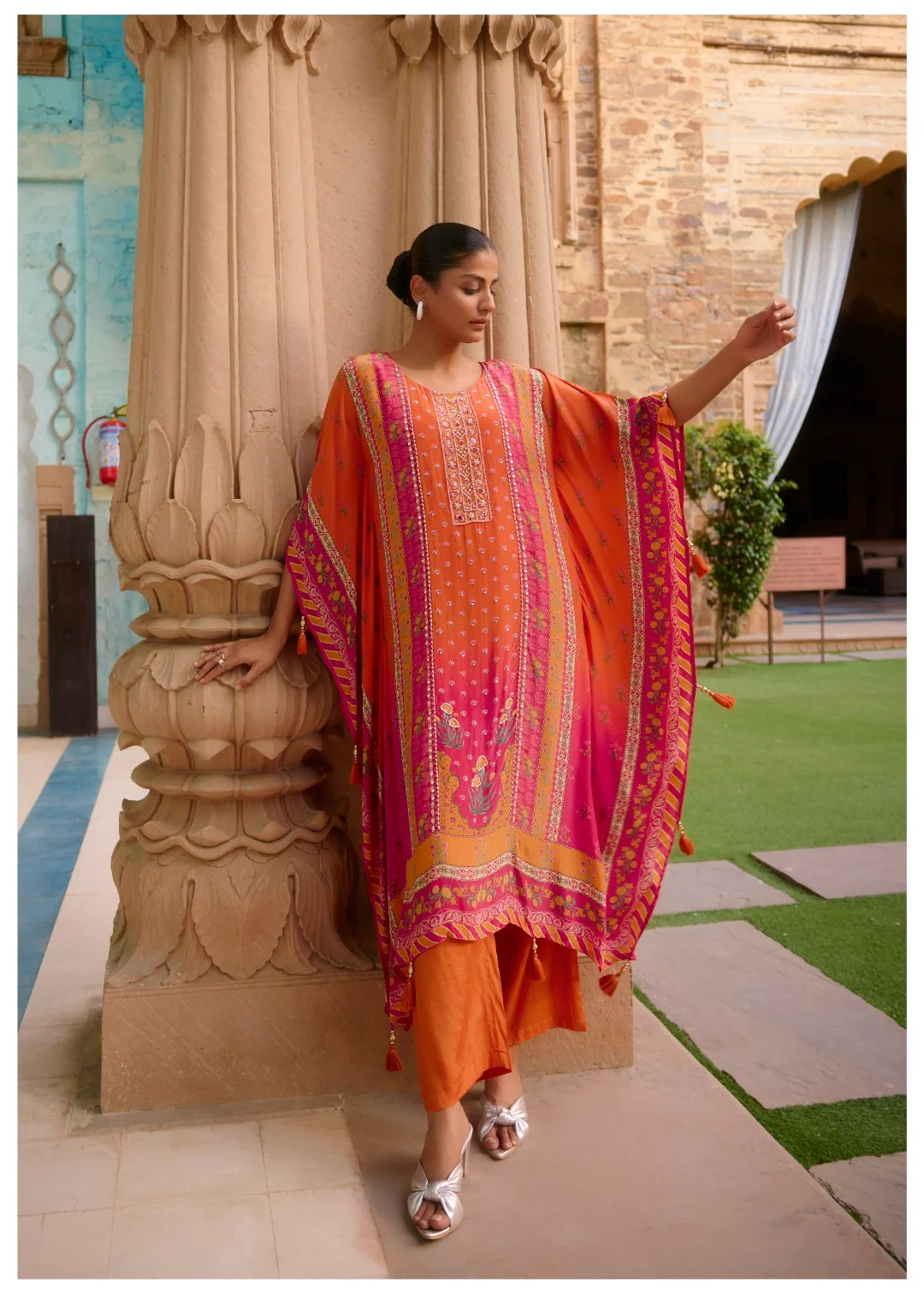 Aster Flamingo Premium Full Work Kaftan Pant Set - Image 4