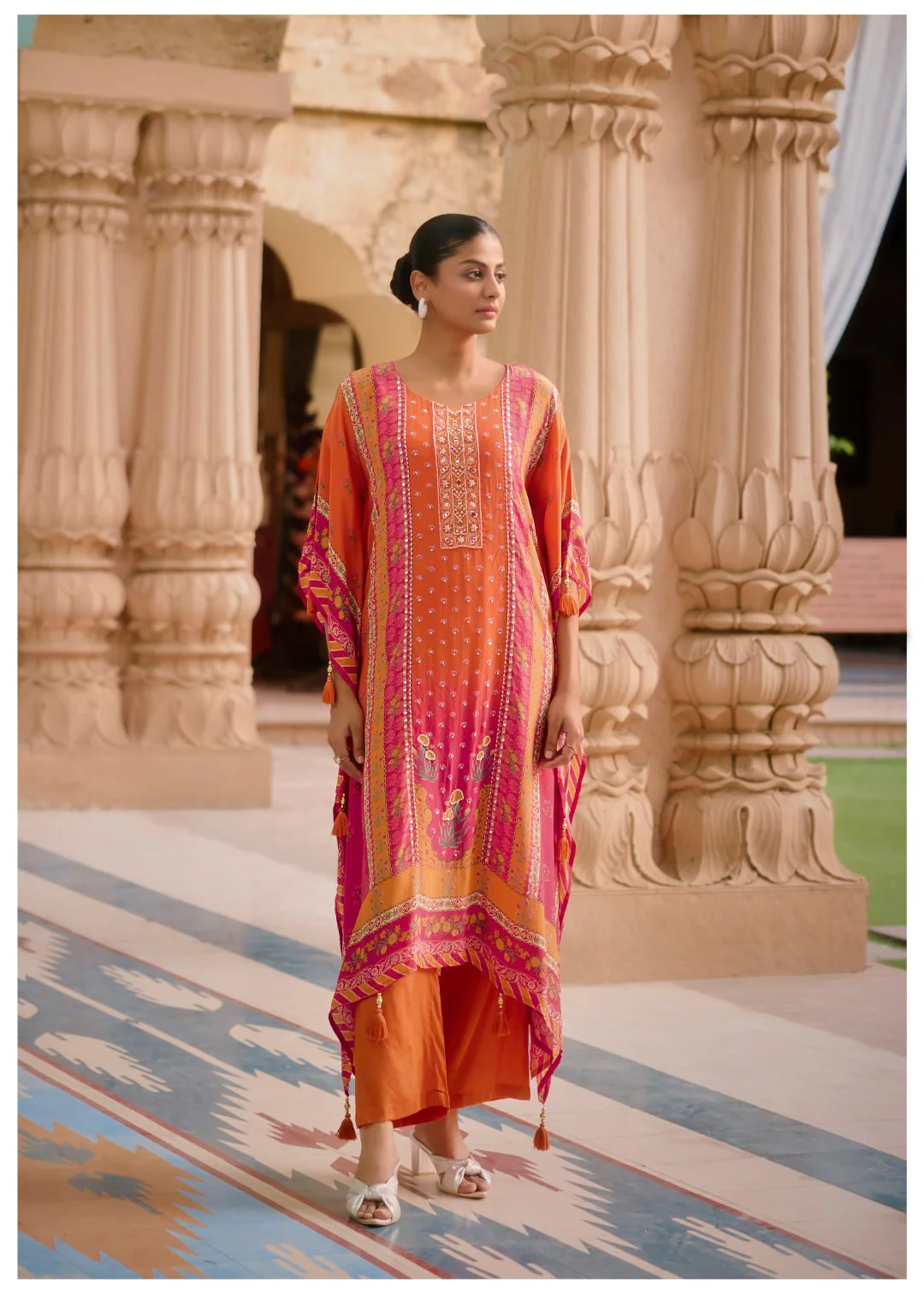 Aster Flamingo Premium Full Work Kaftan Pant Set - Image 7