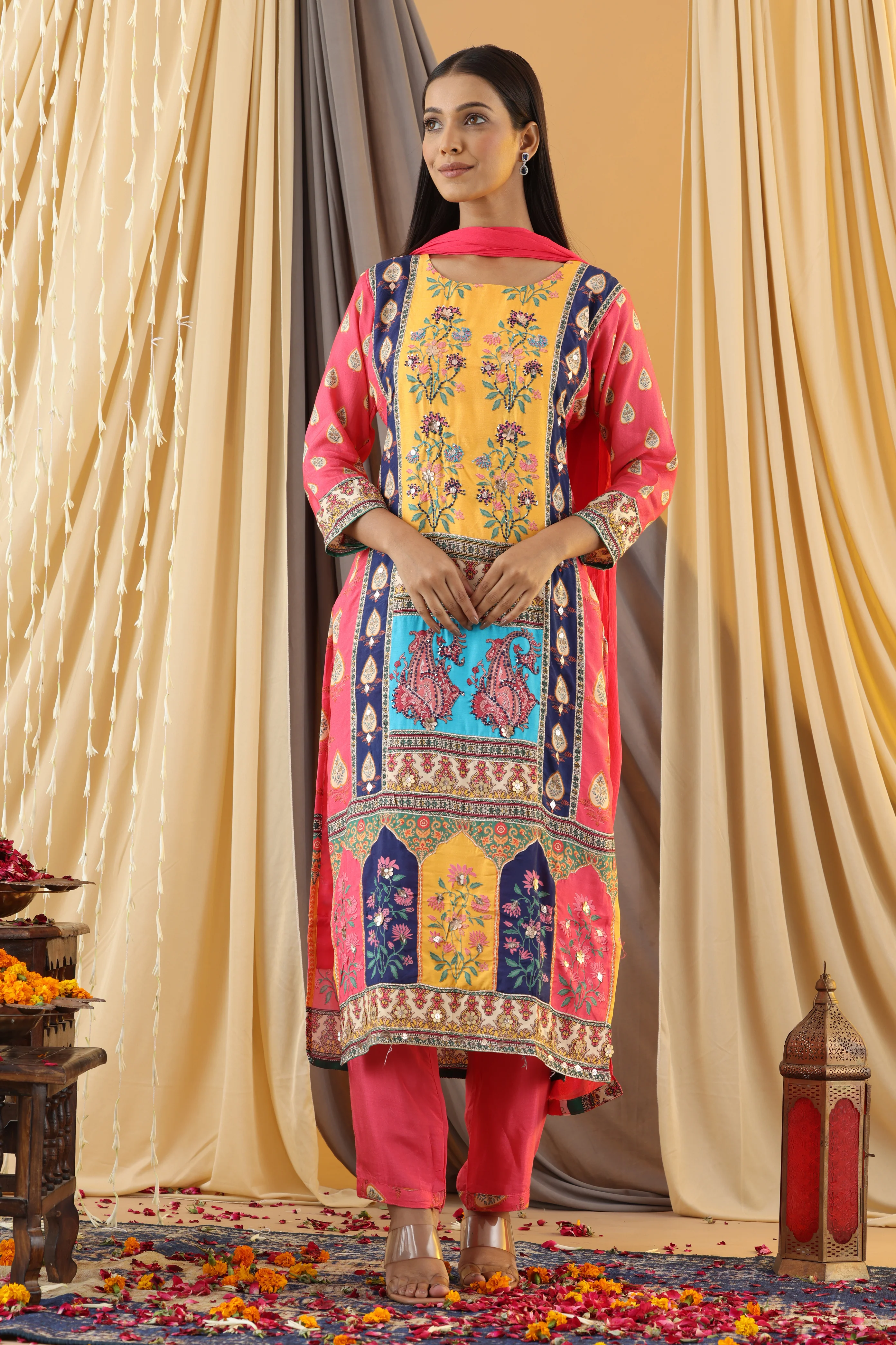 WAHIBA KARACHI CANDY YELLOW FULL WORK SUIT SET - Image 5