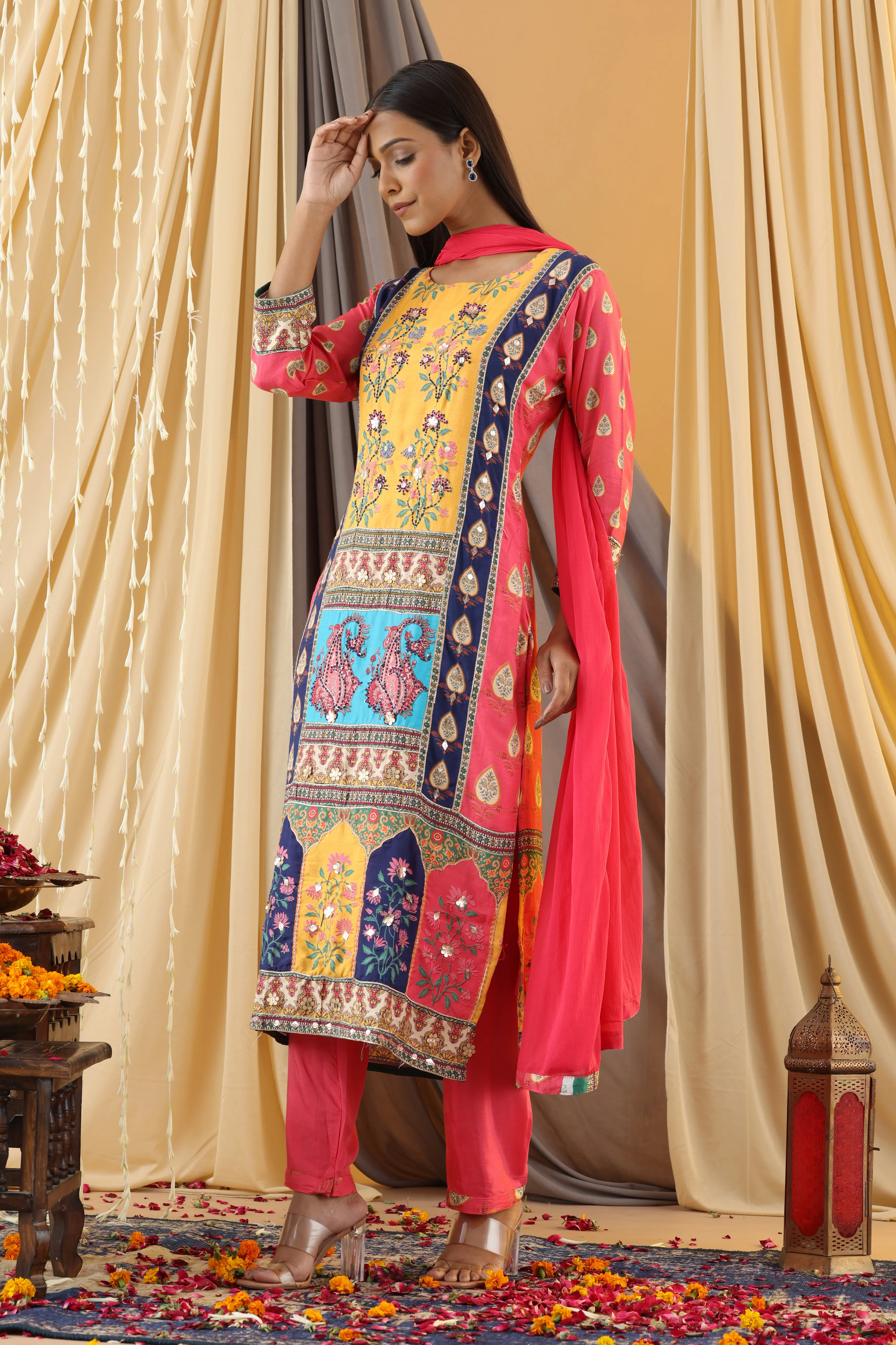 WAHIBA KARACHI CANDY YELLOW FULL WORK SUIT SET - Image 6