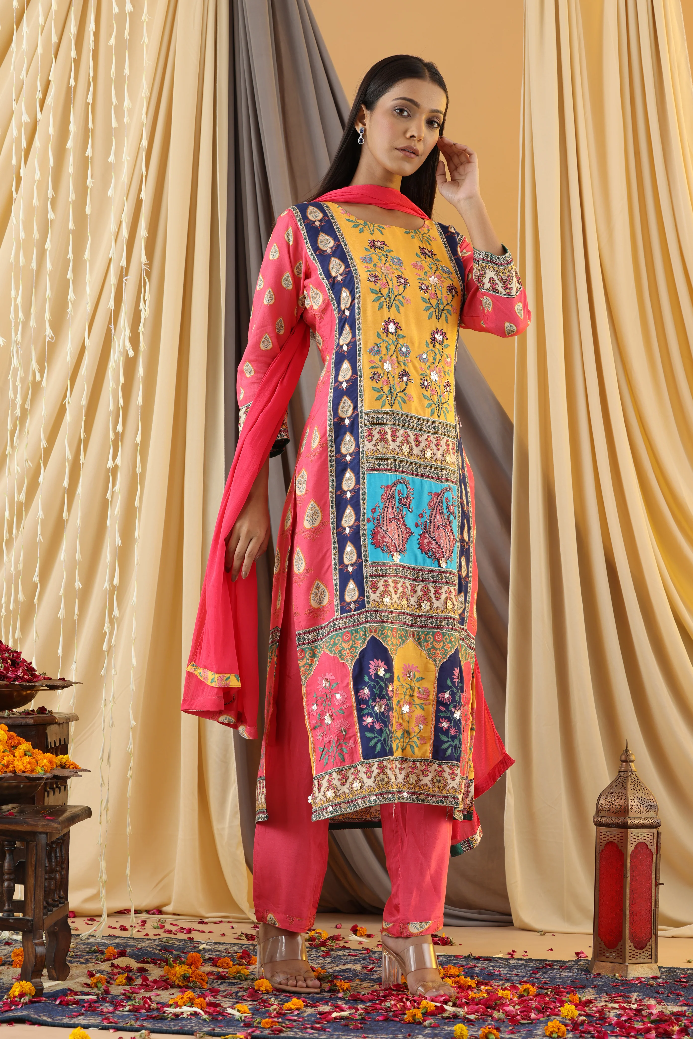 WAHIBA KARACHI CANDY YELLOW FULL WORK SUIT SET - Image 8