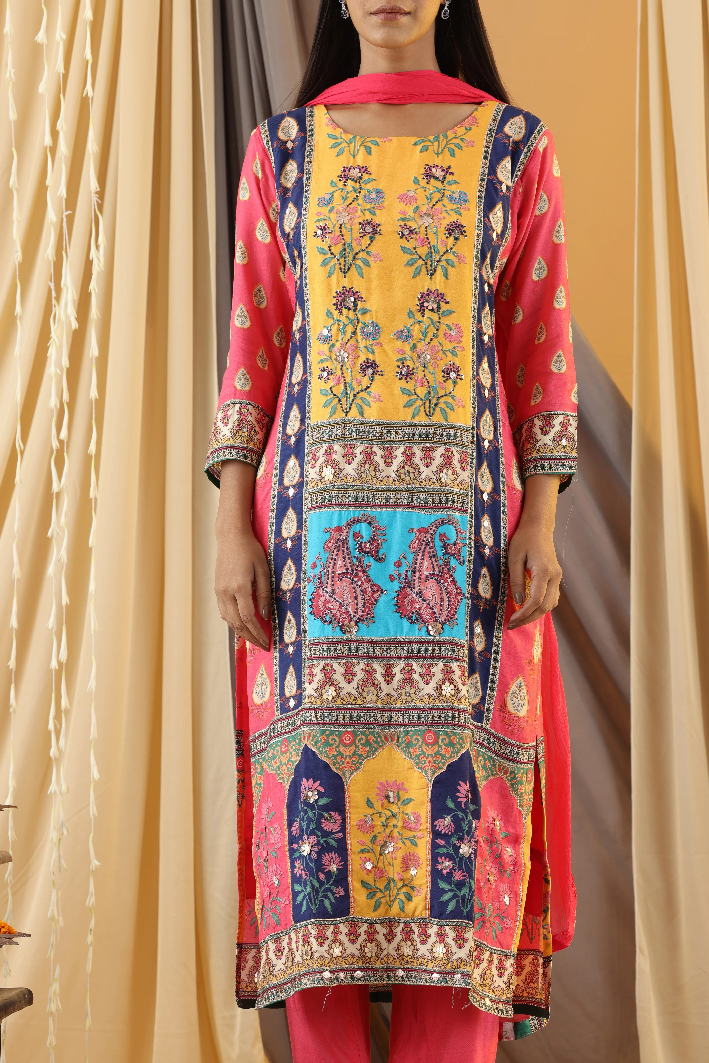WAHIBA KARACHI CANDY YELLOW FULL WORK SUIT SET - Image 9
