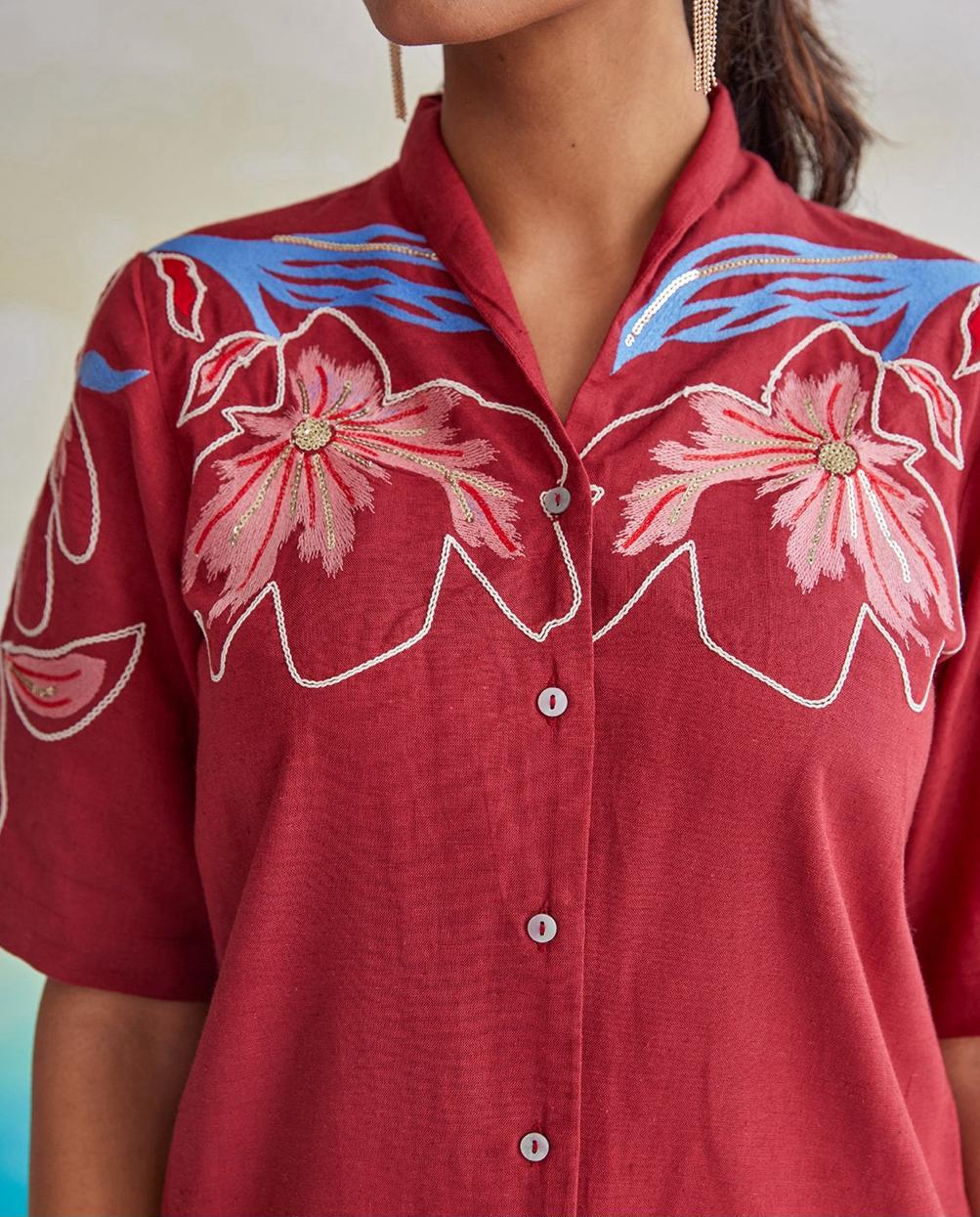 TUSHKI CRIMSON EMBROIDERY COTTON CO-ORD SET - Image 2