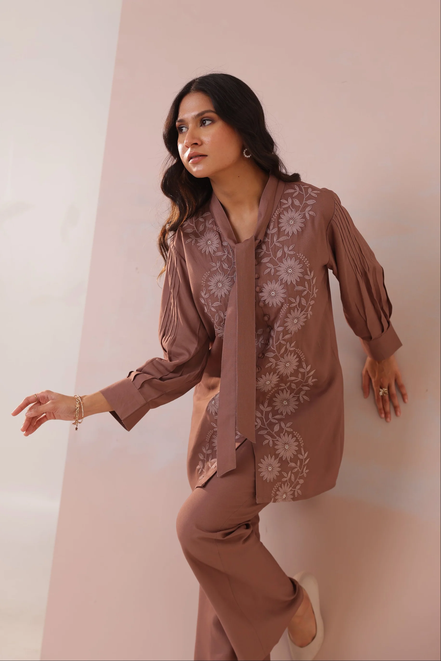 Purna Caramel Embroidered Cotton Co-ord Set - Image 2