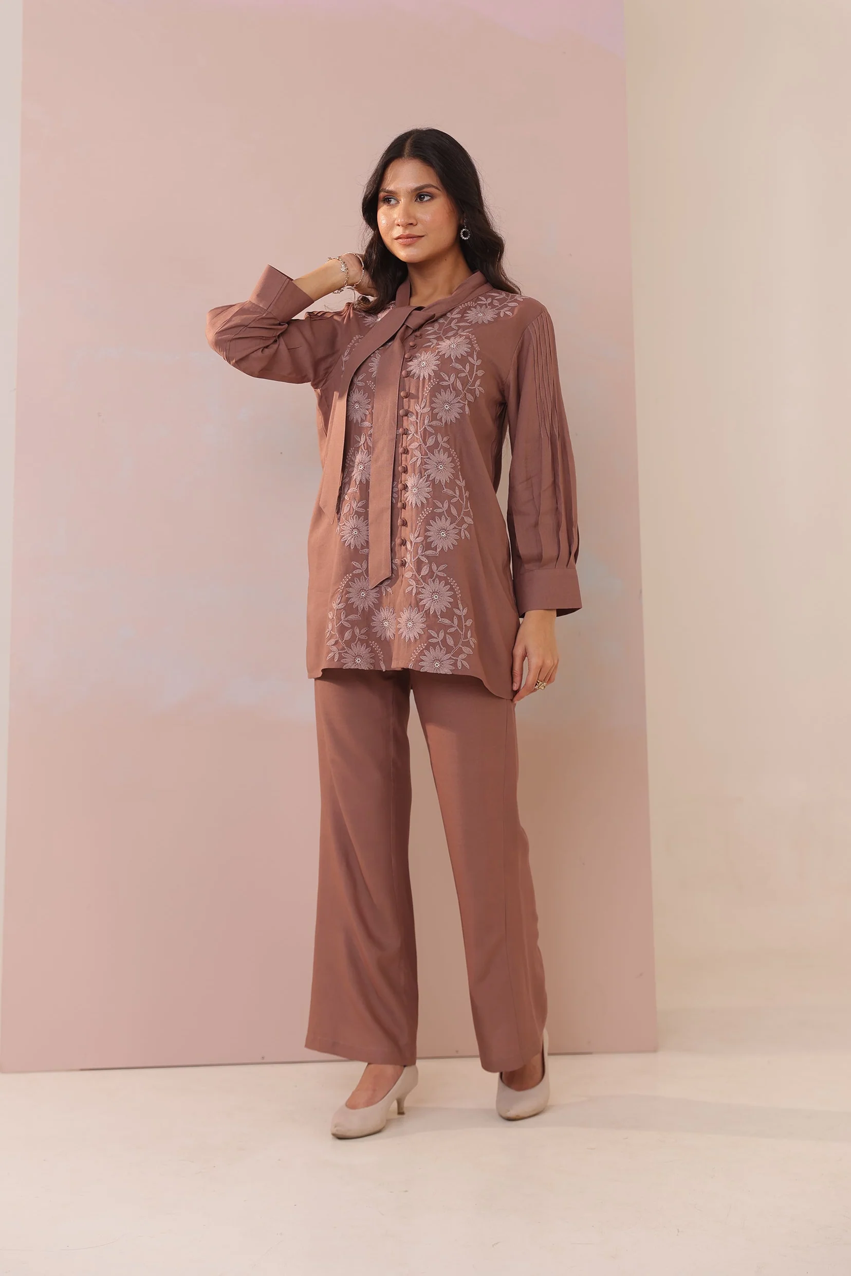 Purna Caramel Embroidered Cotton Co-ord Set - Image 4