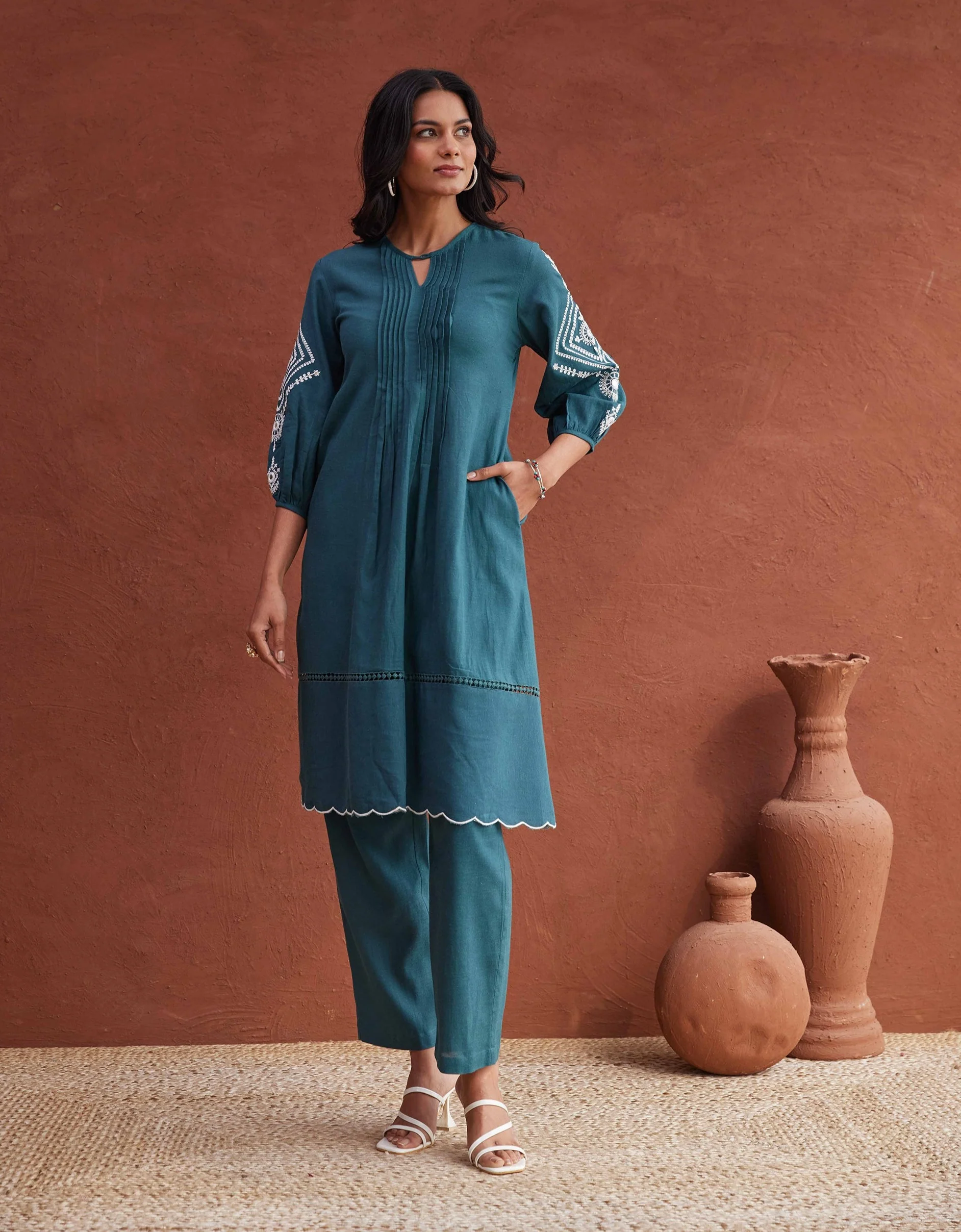TUSHKI TEAL COTTON COMFY KURTA PANT SET - Image 10