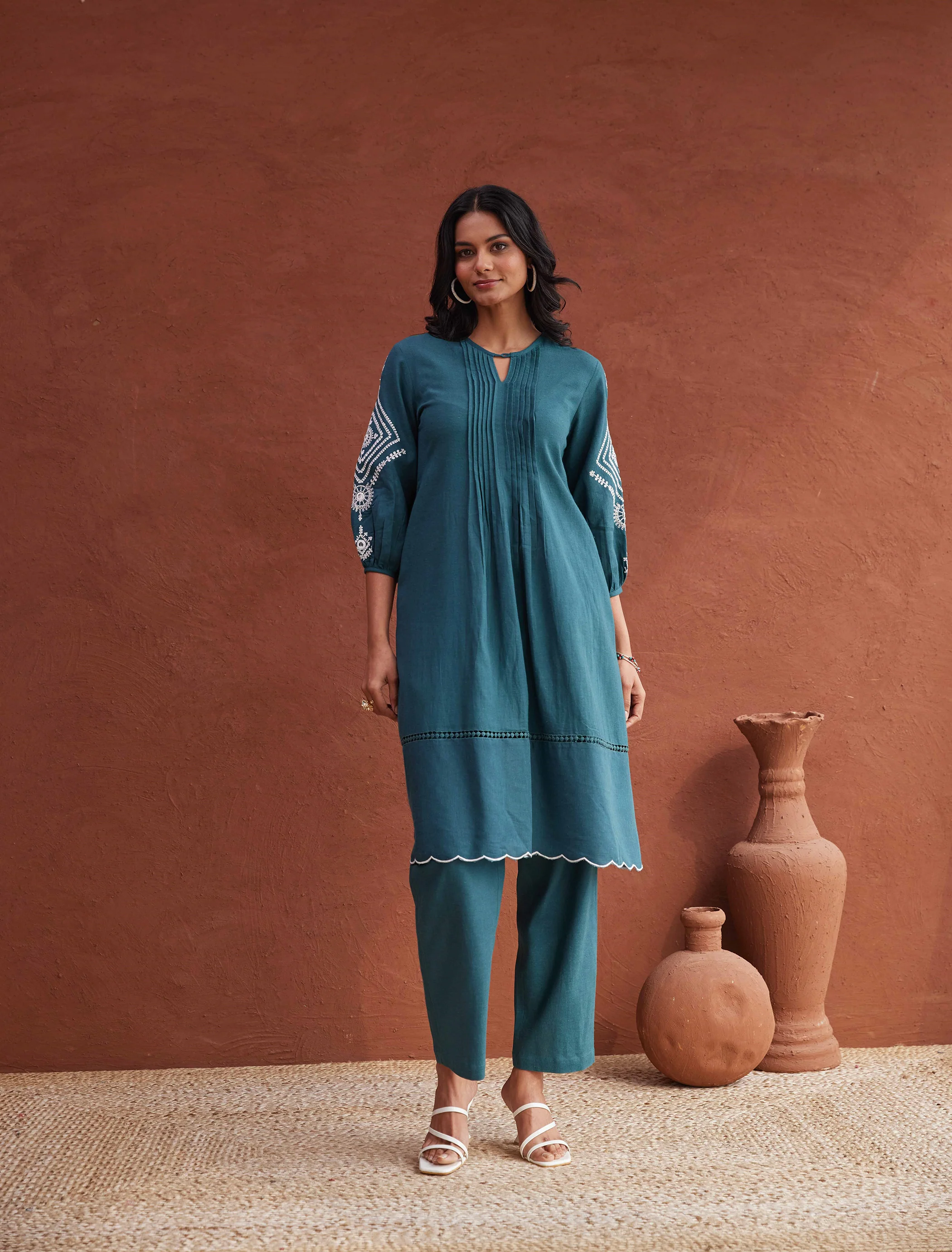 TUSHKI TEAL COTTON COMFY KURTA PANT SET - Image 12