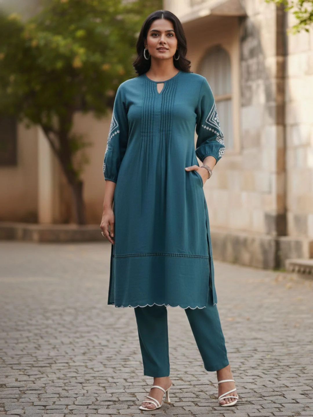 TUSHKI TEAL COTTON COMFY KURTA PANT SET - Image 3