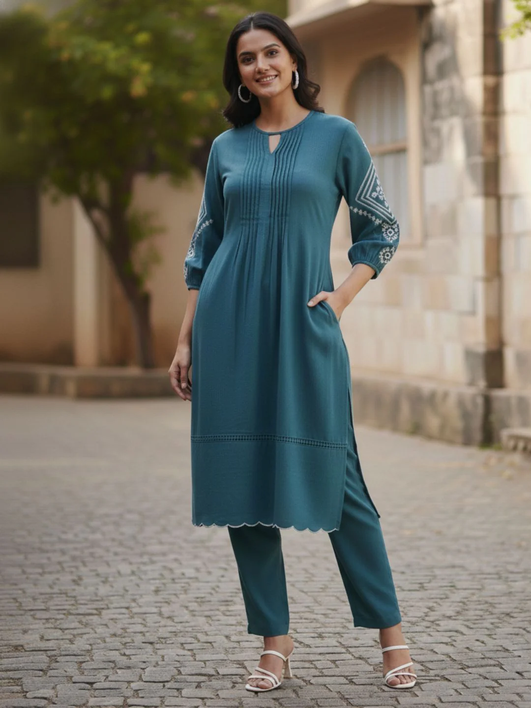 TUSHKI TEAL COTTON COMFY KURTA PANT SET - Image 4