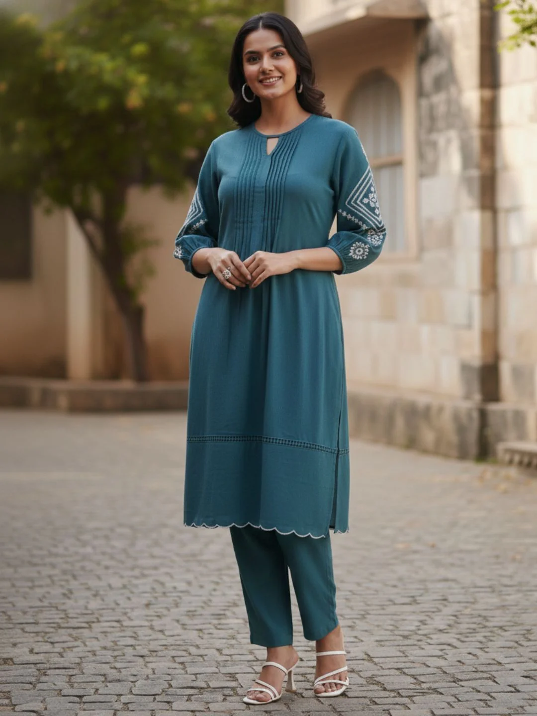 TUSHKI TEAL COTTON COMFY KURTA PANT SET - Image 5