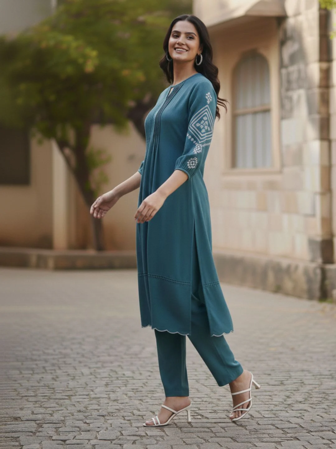 TUSHKI TEAL COTTON COMFY KURTA PANT SET - Image 6