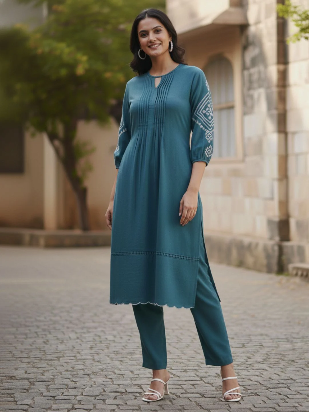 TUSHKI TEAL COTTON COMFY KURTA PANT SET - Image 7