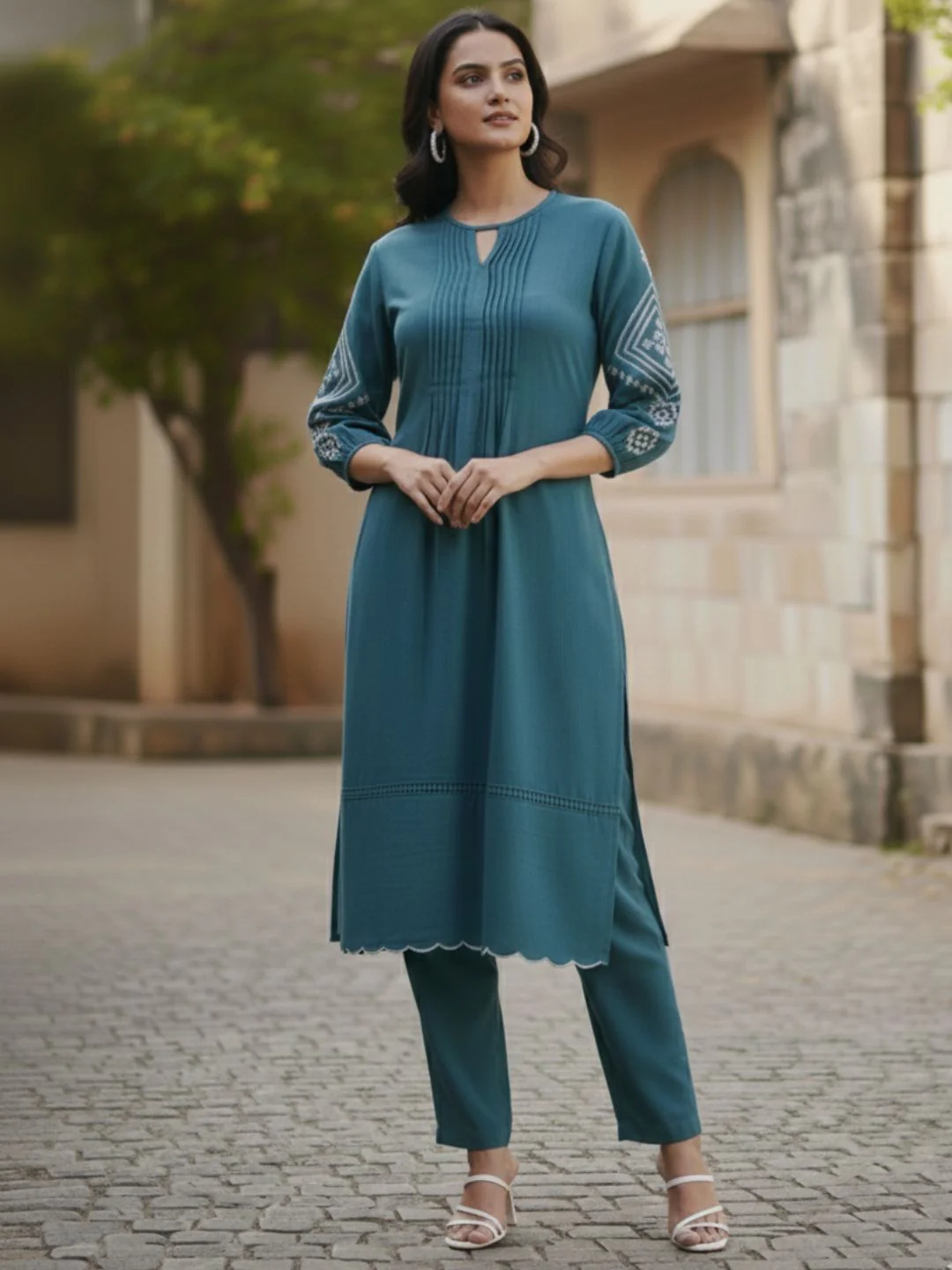 TUSHKI TEAL COTTON COMFY KURTA PANT SET - Image 8
