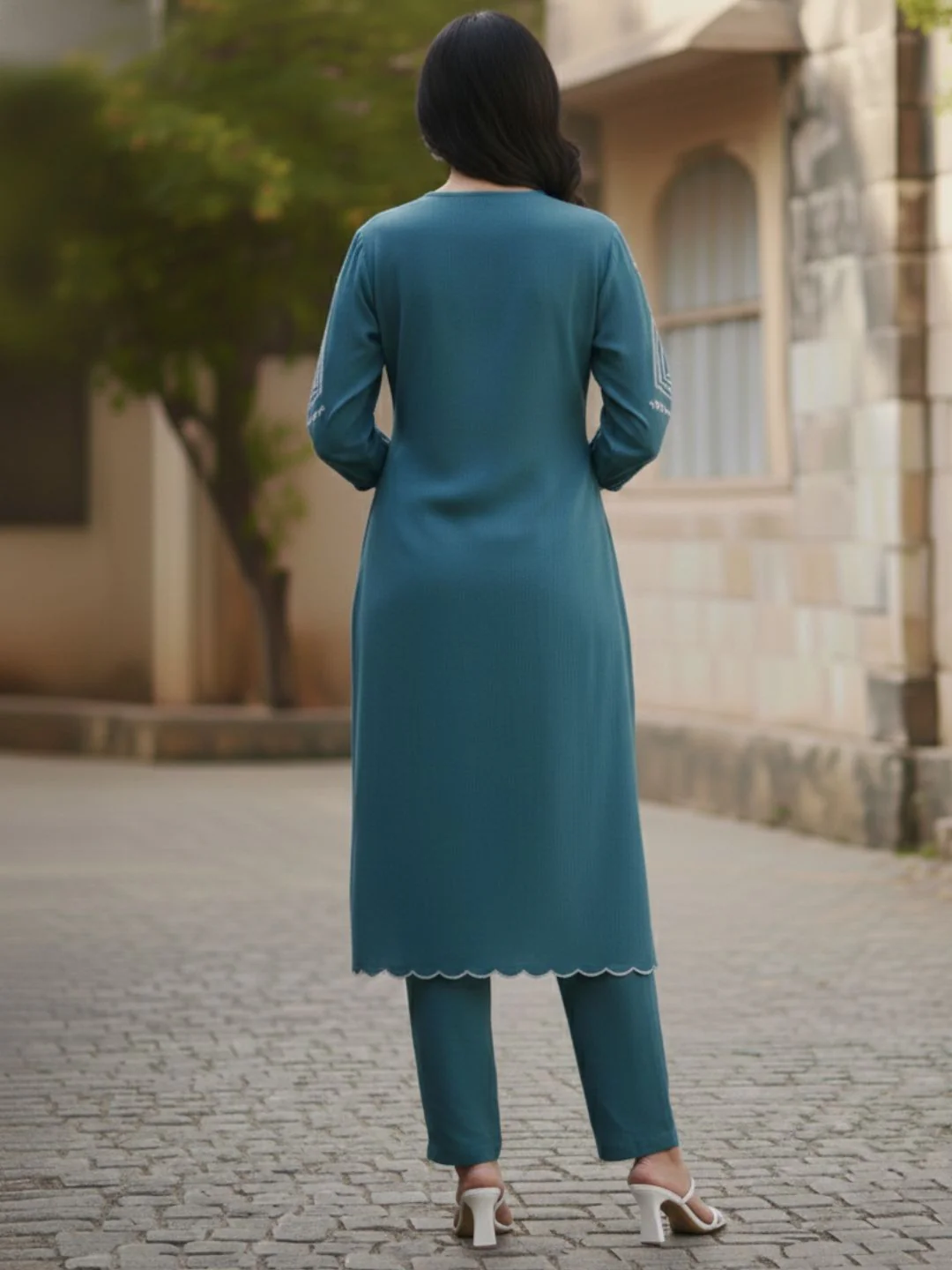 TUSHKI TEAL COTTON COMFY KURTA PANT SET - Image 9