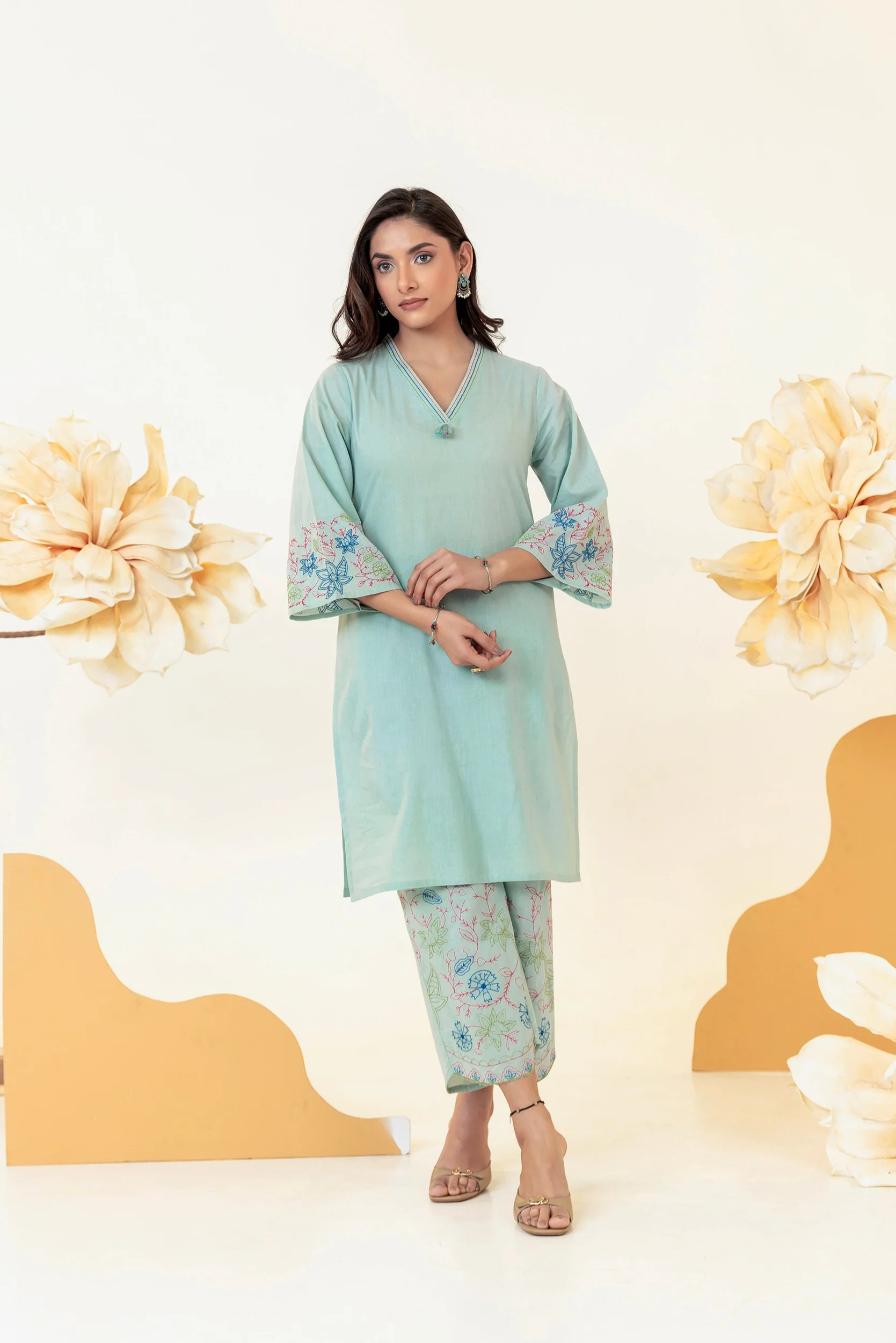 Purna SageGreen Embroidery Cotton Co-ord Set - Image 3