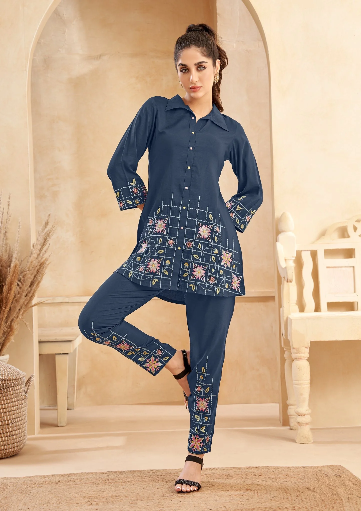 Eden navy embroidered co-ord set - Image 7