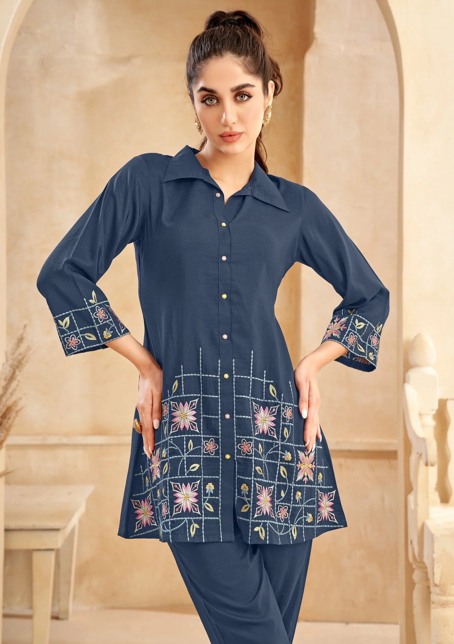 Eden navy embroidered co-ord set - Image 8