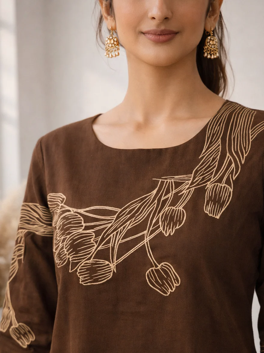 Mishka Coffee Embroidered Kurta Pant Set - Image 2