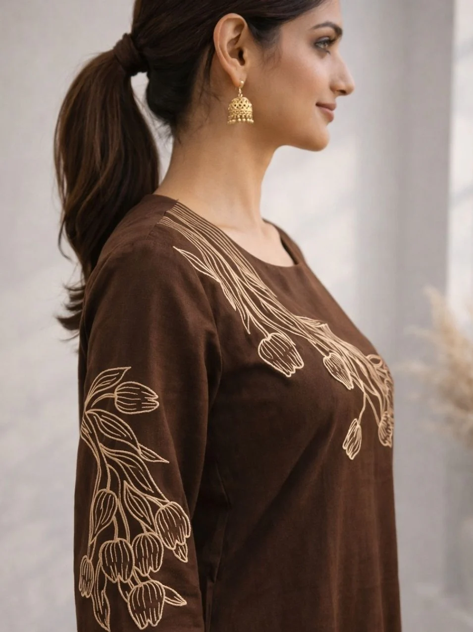 Mishka Coffee Embroidered Kurta Pant Set - Image 3