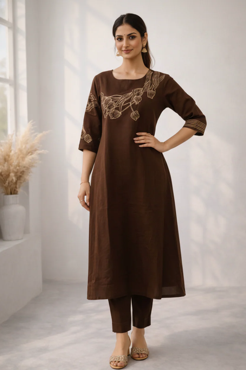 Mishka Coffee Embroidered Kurta Pant Set - Image 5