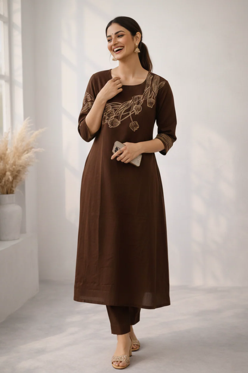 Mishka Coffee Embroidered Kurta Pant Set - Image 6