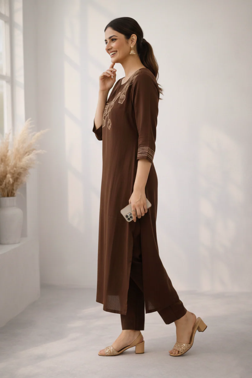 Mishka Coffee Embroidered Kurta Pant Set - Image 7