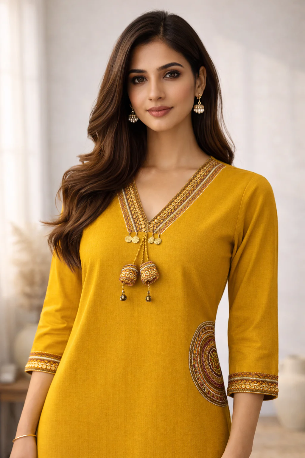 Rushali Mustard Embroidered Kurta Pant Set - Image 2