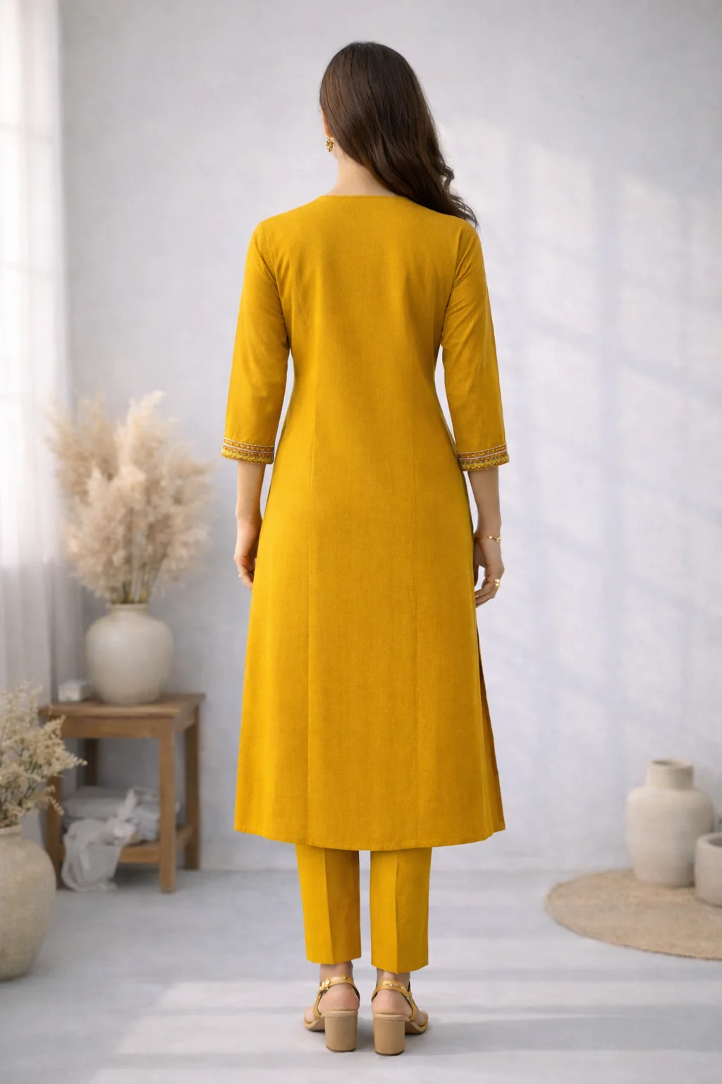 Rushali Mustard Embroidered Kurta Pant Set - Image 3