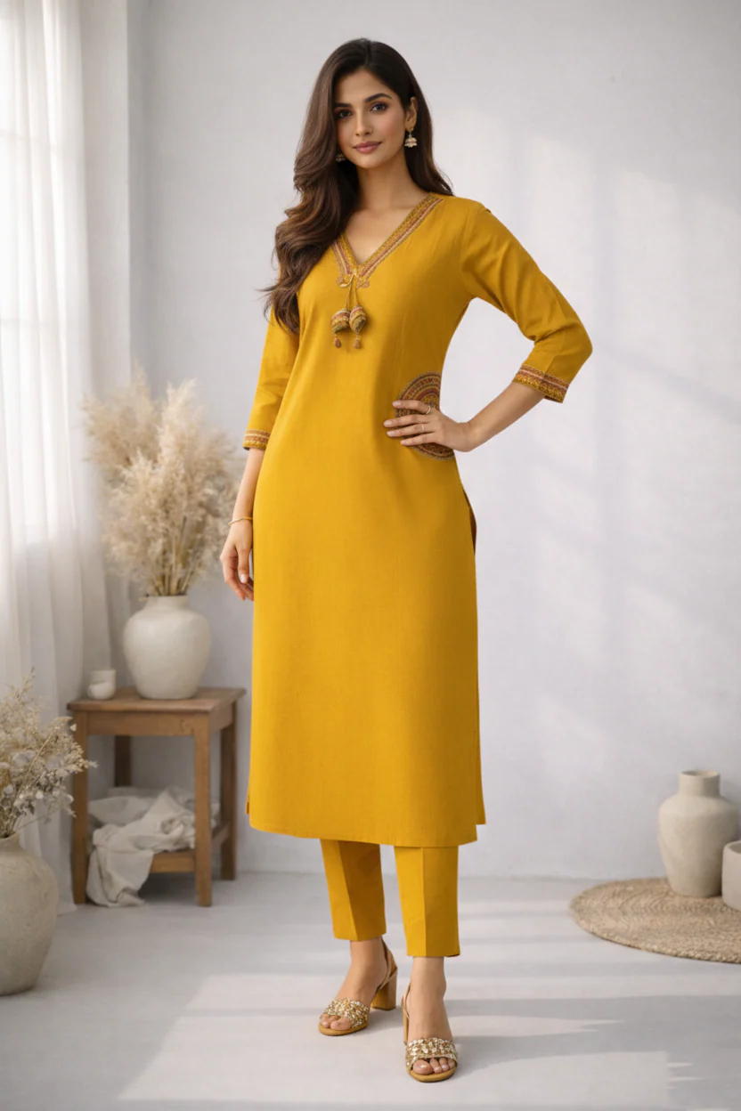 Rushali Mustard Embroidered Kurta Pant Set - Image 4