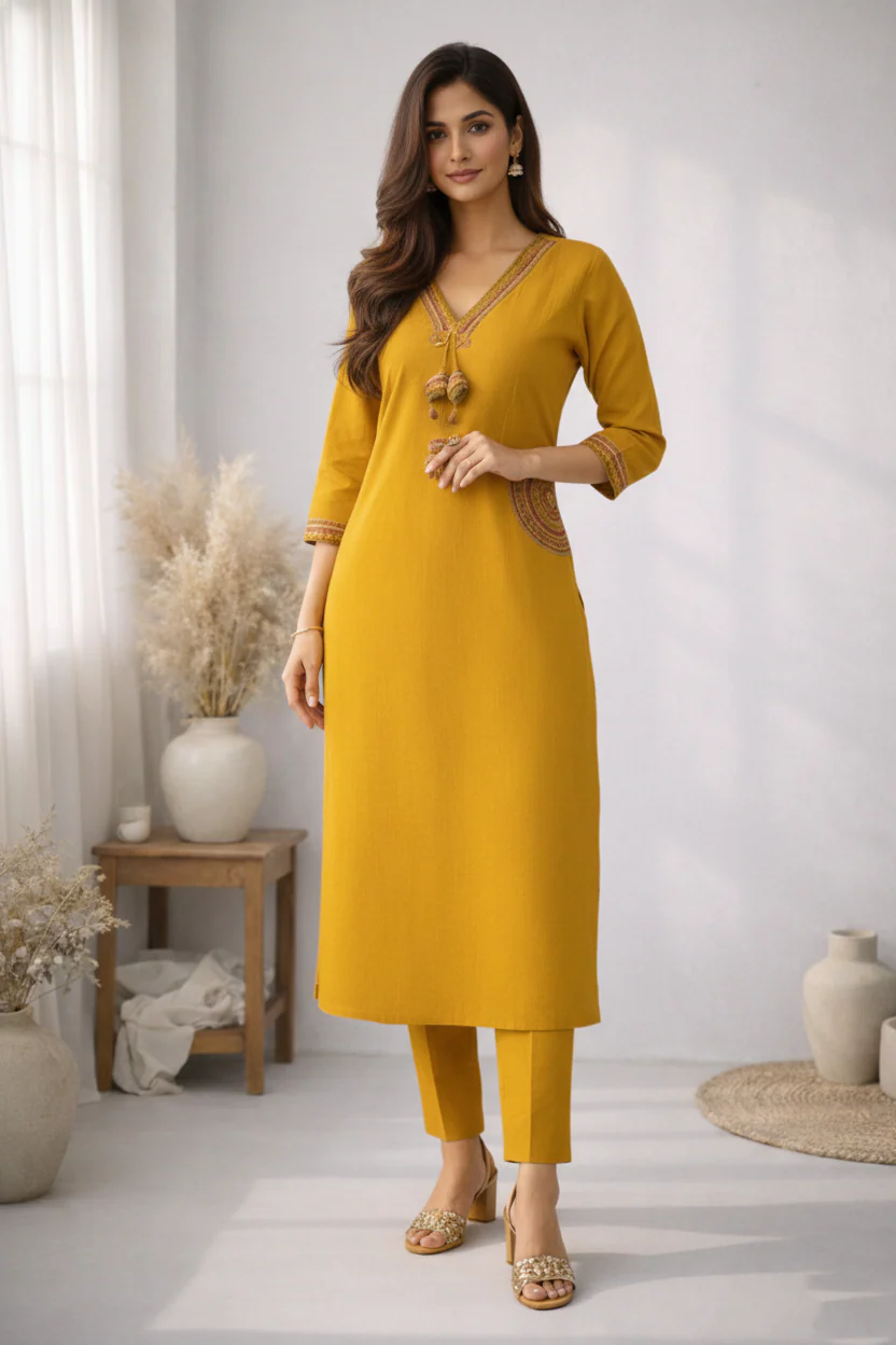 Rushali Mustard Embroidered Kurta Pant Set - Image 5