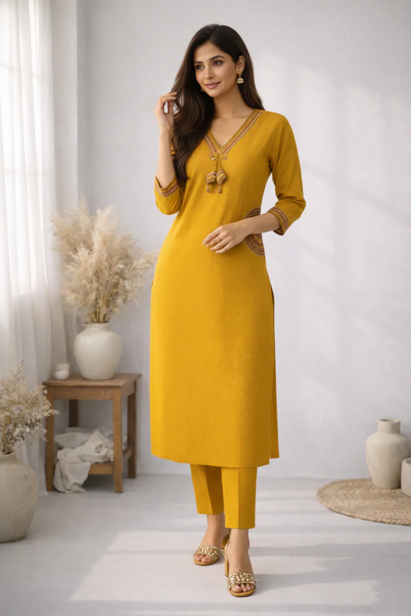 Rushali Mustard Embroidered Kurta Pant Set - Image 6