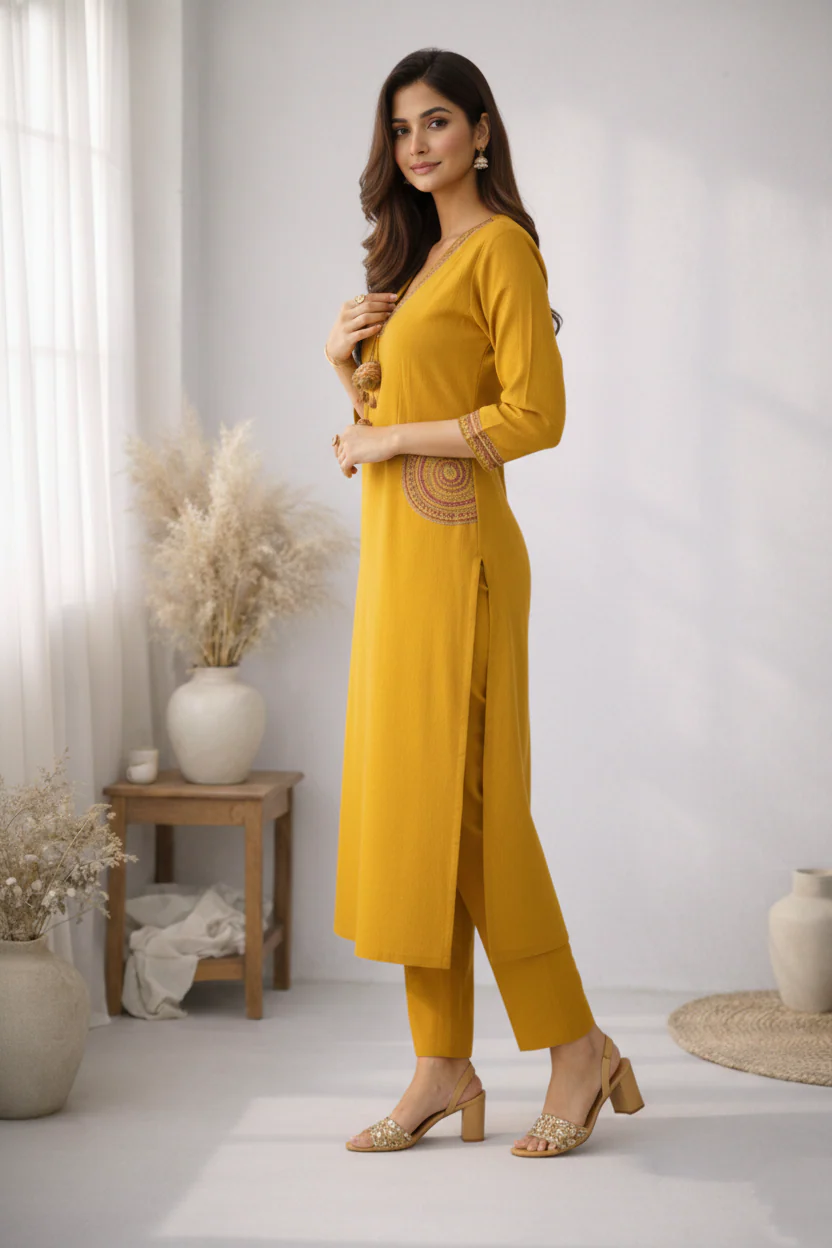 Rushali Mustard Embroidered Kurta Pant Set - Image 7